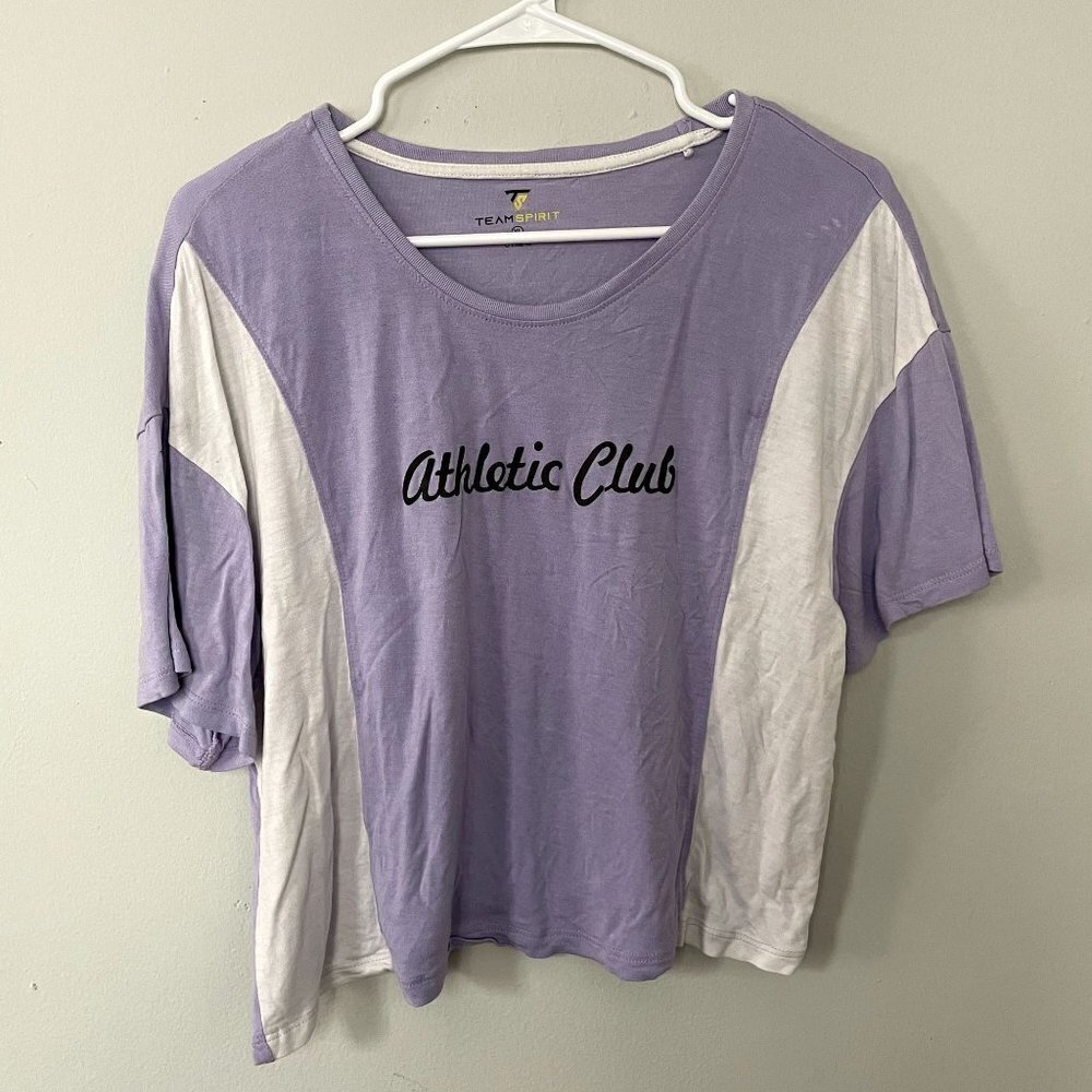 Athletic Club purple and white crop top comfortable shirt casual athleisure